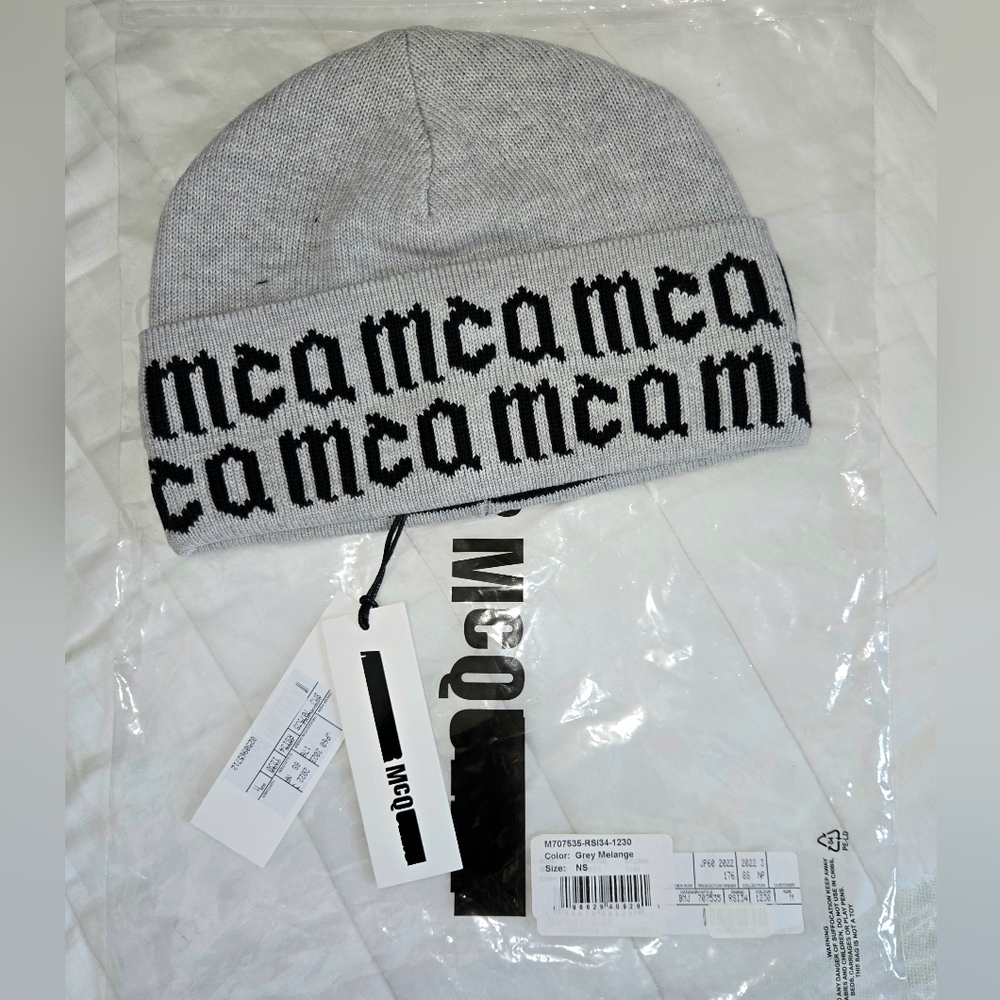 McQ by Alexander McQueen Light Gray Beanie with Black Lettering